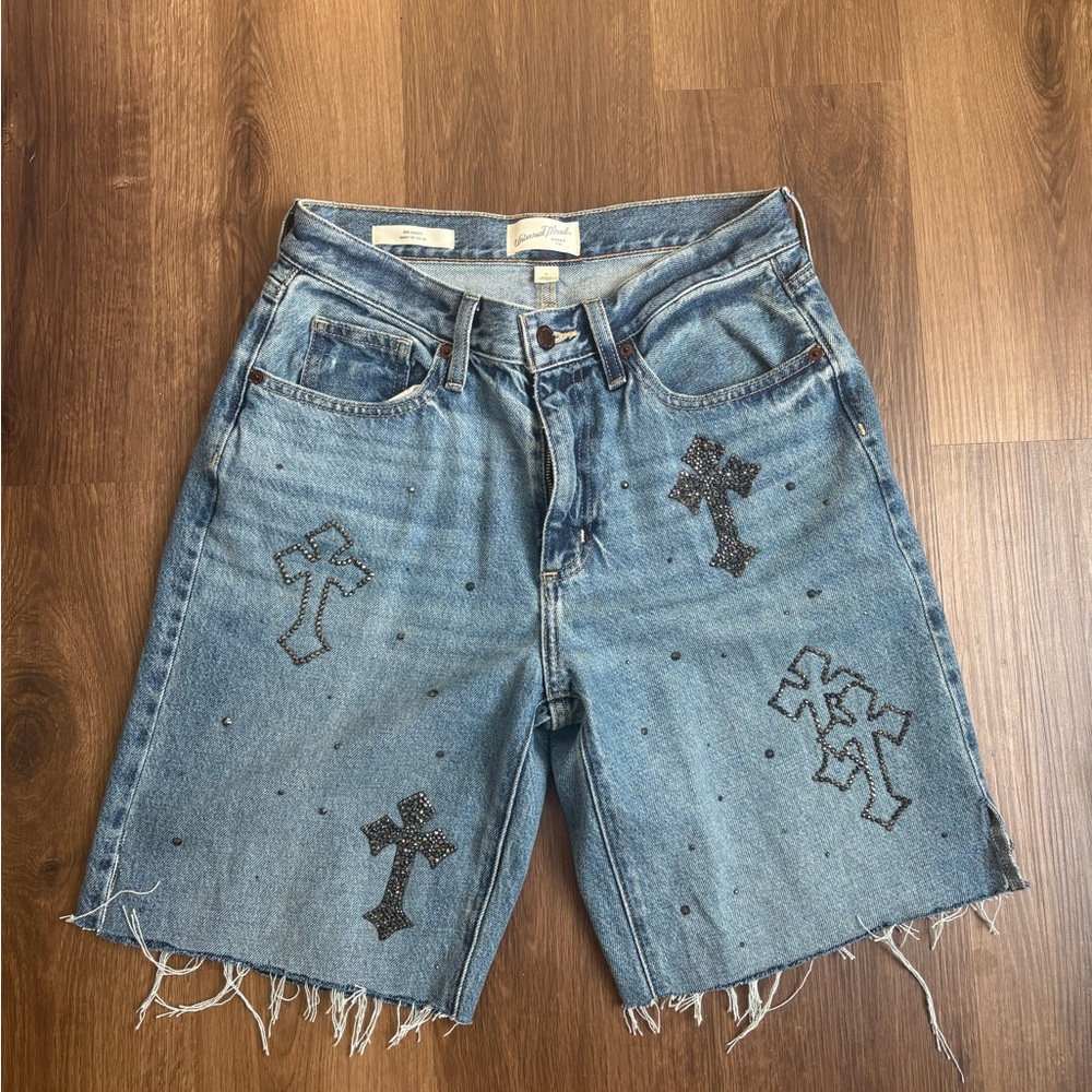 Custom Universal Thread Jean Shorts with Black Rhinestone Crosses